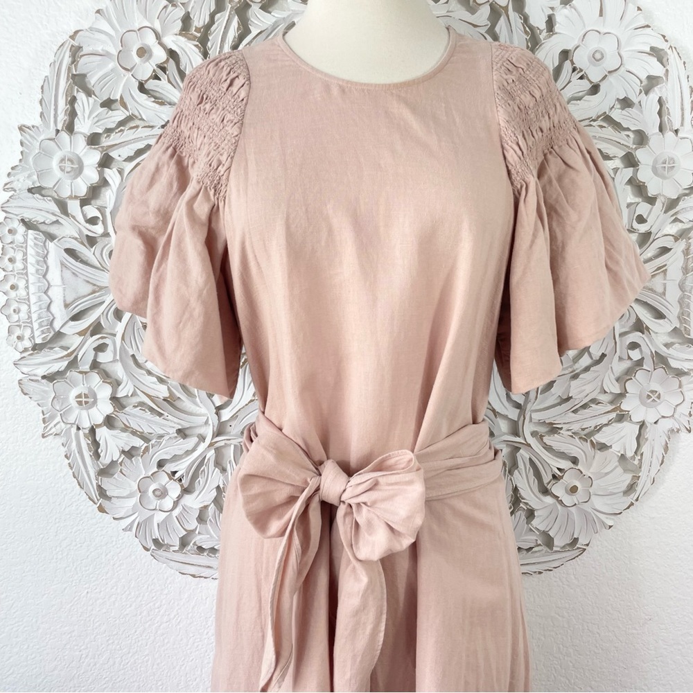 {THE GREAT.} The Smocked Sleeve Sash-Waist Midi Dress, Blush, Size 0, NWT - Picture 2 of 11